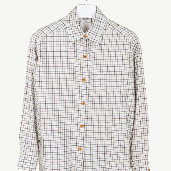 Chanel Boutique Vintage White Plaid Buttoned Flannel - Picture 1 of 8